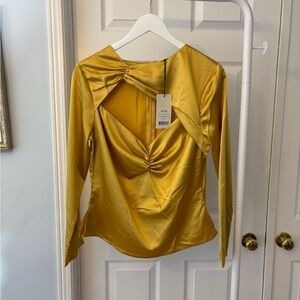 New NA-KD Satin Mustard Yellow Cut Out Long Sleeve Top Size EU 42